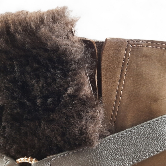 IVY KIRZHNER Shearling Rose Gold Harness Stud Leather Olive Brown Heeled Boot 8 - Picture 5 of 14